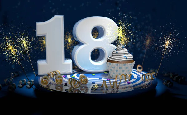18歳の誕生日や記念日のための輝くろうそくを持つカップケーキは 濃い背景の火花でいっぱいの青いテーブルの上に黄色のストリーマーと白の大きな番号を持ちます 3Dイラスト — ストック写真