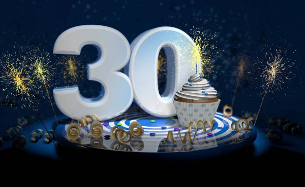 30歳の誕生日や記念日のための輝くろうそくとカップケーキ火花の完全な暗い背景を持つ青のテーブルの上に黄色のストリーマーと白の大きな番号を持つ 3Dイラスト — ストック写真