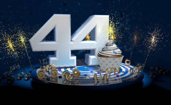 Cupcake Sparkling Candle 44Th Birthday Anniversary Big Number White Yellow — Stock Photo, Image