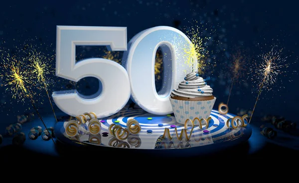 Cupcake Con Candela Scintillante 50Esimo Compleanno Anniversario Con Grande Numero — Foto Stock