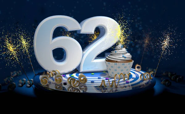 Cupcake with sparkling candle for 39th birthday or anniversary with big  number in white with yellow streamers on blue table with dark background  full Stock Photo - Alamy