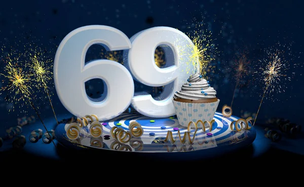 Cupcake Con Candela Scintillante 69Esimo Compleanno Anniversario Con Grande Numero — Foto Stock