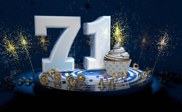 Cupcake Sparkling Candle 71Th Birthday Anniversary Big Number White Yellow — Stock Photo, Image