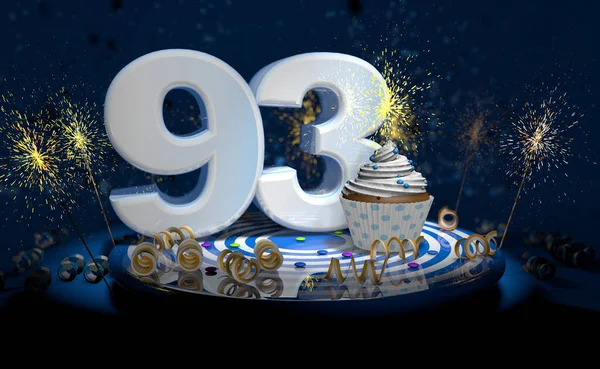 庆祝930岁生日或结婚纪念日的蛋糕 有大量白色的蛋糕 蓝色桌子上挂着黄色的彩带 背景是漆黑的 点缀着火花 3D说明 — 图库照片