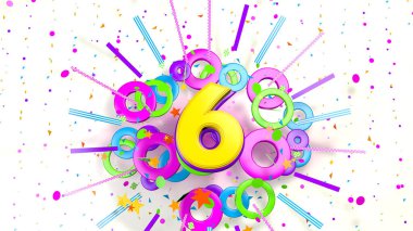 Beyaz arka planda bir konfeti patlaması, yıldız, çizgi ve mor, mavi, sarı, kırmızı ve yeşil renk çemberlerinin promosyon, doğum günü veya yıldönümü için 6 numara. 3d illüstrasyon