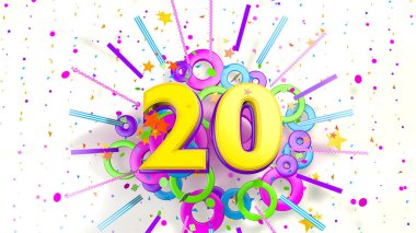 Beyaz arka planda bir konfeti patlaması, yıldız, çizgi ve mor, mavi, sarı, kırmızı ve yeşil renk çemberlerinin promosyon, doğum günü veya yıldönümü için 20 numara. 3d illüstrasyon