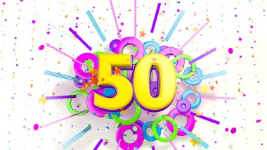 Beyaz arka planda konfeti patlaması, yıldız, çizgi ve mor, mavi, sarı, kırmızı ve yeşil renkli daireler için 50 numara. 3d illüstrasyon