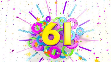 Beyaz arka planda konfeti, yıldız, çizgi ve mor, mavi, sarı, kırmızı ve yeşil renkli dairelerin patlaması için 61 numara. 3d illüstrasyon