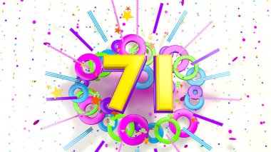 Beyaz arka planda konfeti, yıldız, çizgi ve mor, mavi, sarı, kırmızı ve yeşil renkli dairelerin patlaması için 71 numara. 3d illüstrasyon