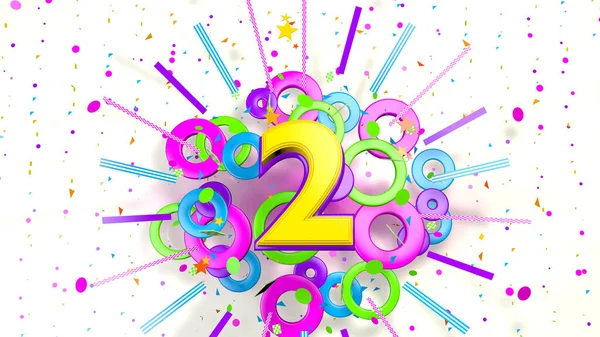 白色背景上紫色 红色和绿色的彩霞 线条和圆圈爆炸时的促销 生日或周年纪念日的2号 3D说明 — 图库照片