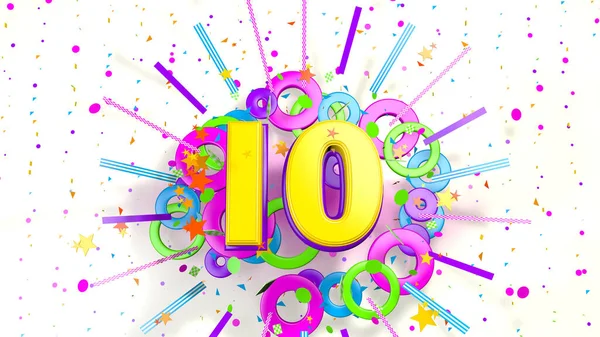 Number 10 for promotion, birthday or anniversary on an explosion of confetti, stars, lines and circles of purple, blue, yellow, red and green colors on a white background. 3d illustration