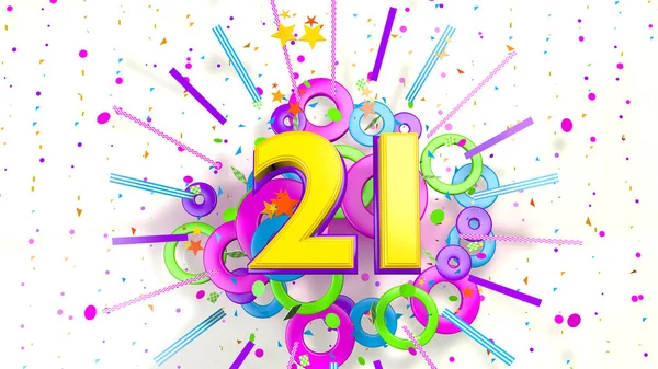 用于促销 生日或周年纪念日的第21号 是关于白色背景上紫色 红色和绿色的五彩纸屑 线条和圆圈的爆炸 3D说明 — 图库照片