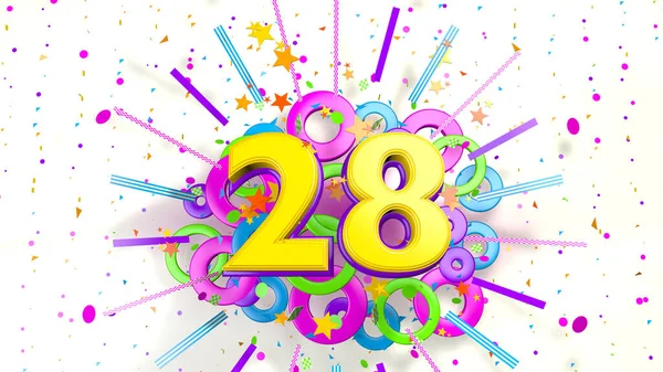 Number 28 for promotion, birthday or anniversary on an explosion of confetti, stars, lines and circles of purple, blue, yellow, red and green colors on a white background. 3d illustration
