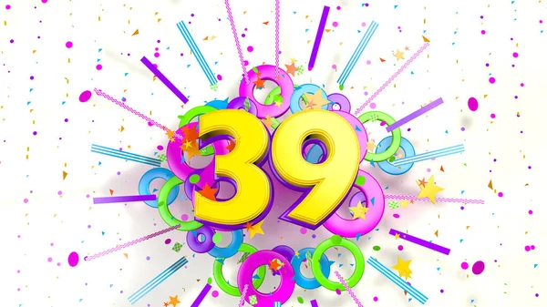 Number 39 for promotion, birthday or anniversary on an explosion of confetti, stars, lines and circles of purple, blue, yellow, red and green colors on a white background. 3d illustration