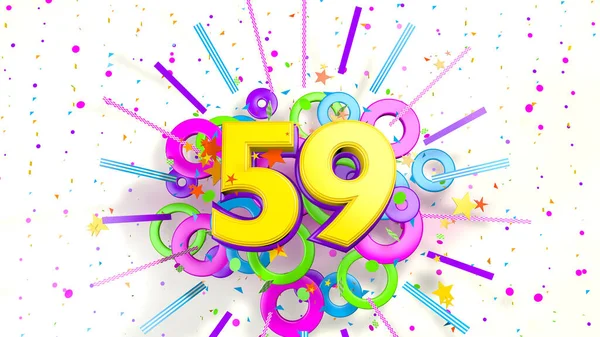 Number 59 for promotion, birthday or anniversary on an explosion of confetti, stars, lines and circles of purple, blue, yellow, red and green colors on a white background. 3d illustration