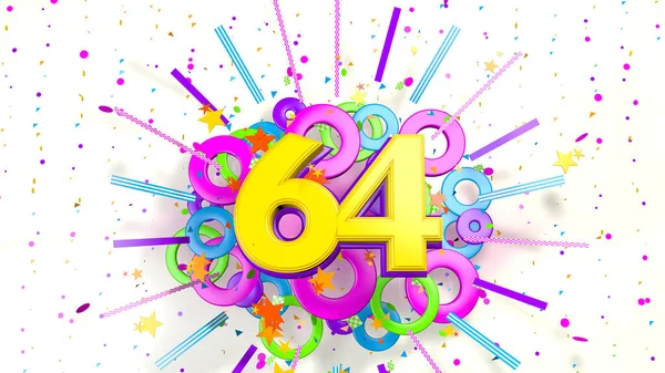 白の背景に紫色 赤と緑の色のコンフェッティ 線や円の爆発でプロモーション 誕生日や記念日のための64番目 3Dイラスト — ストック写真