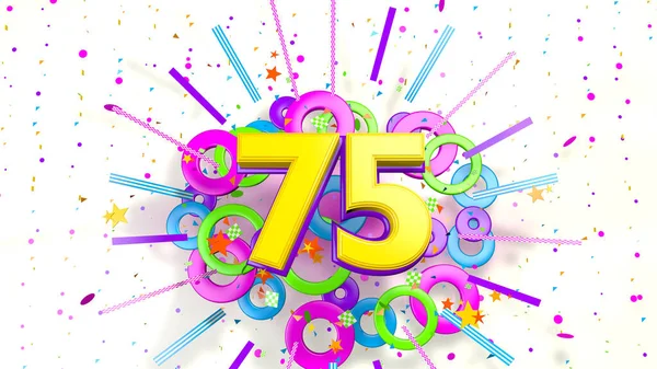 Number 75 for promotion, birthday or anniversary on an explosion of confetti, stars, lines and circles of purple, blue, yellow, red and green colors on a white background. 3d illustration