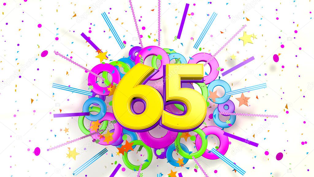 Number 65 for promotion, birthday or anniversary on an explosion of confetti, stars, lines and circles of purple, blue, yellow, red and green colors on a white background. 3d illustration