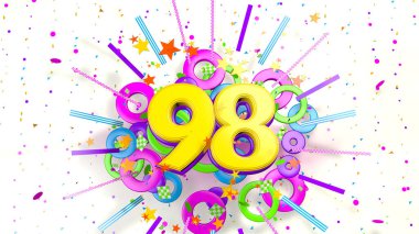 Beyaz arkaplanda konfeti, yıldız, çizgi ve mor, mavi, sarı, kırmızı ve yeşil renkli daireler patlaması için 98 numara. 3d illüstrasyon