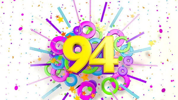 用于促销 生日或周年纪念日的第94号 是关于白色背景上紫色 红色和绿色的五彩纸屑 线条和圆圈的爆炸 3D说明 — 图库照片