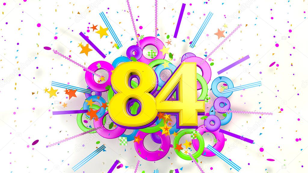 Number 84 for promotion, birthday or anniversary on an explosion of confetti, stars, lines and circles of purple, blue, yellow, red and green colors on a white background. 3d illustration