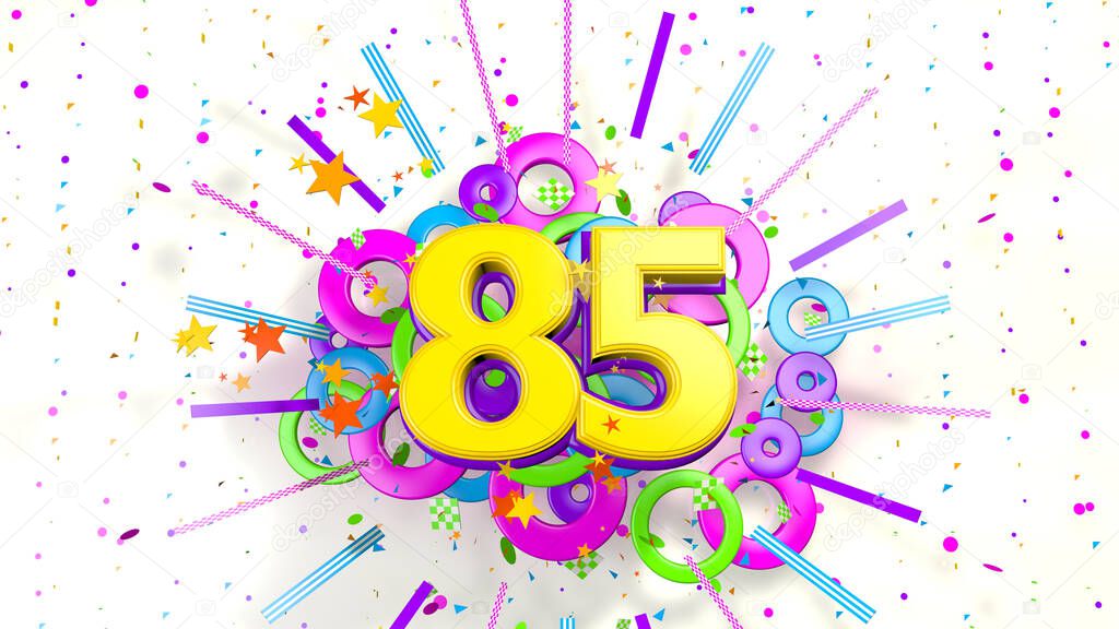 Number 85 for promotion, birthday or anniversary on an explosion of confetti, stars, lines and circles of purple, blue, yellow, red and green colors on a white background. 3d illustration