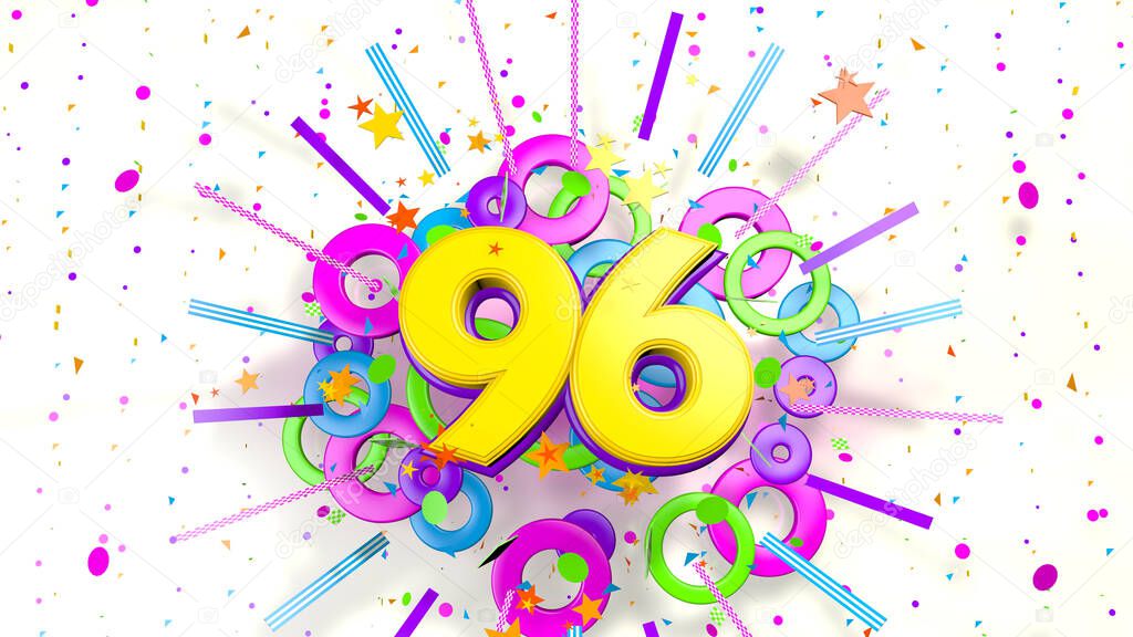 Number 96 for promotion, birthday or anniversary on an explosion of confetti, stars, lines and circles of purple, blue, yellow, red and green colors on a white background. 3d illustration