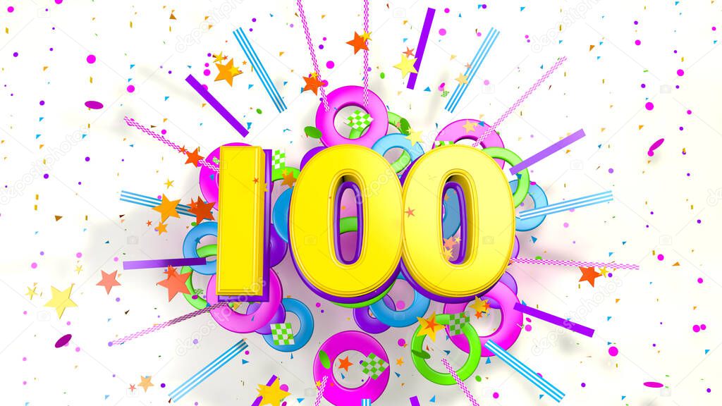Number 100 for promotion, birthday or anniversary on an explosion of confetti, stars, lines and circles of purple, blue, yellow, red and green colors on a white background. 3d illustration