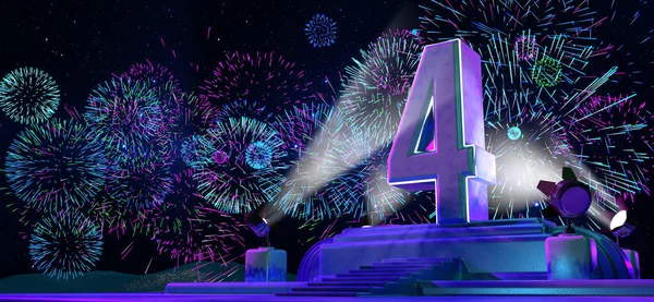 夜に4人の反射板によって照明された記念碑の外観を持つ紫色の台座の上に固体と厚さの形で4番目の花火 マゼンタ 星空の夜のシアン色 3Dイラスト — ストック写真