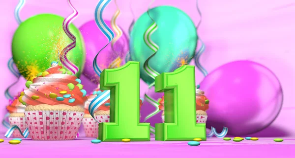 Birthday cupcake with sparking candle with the number 11 large in green with cupcakes with red cream decorated with chocolate chips and balloons on the back on a pink background. 3D illustration