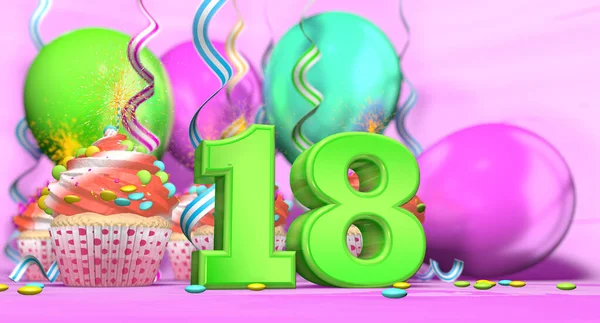 Birthday cupcake with sparking candle with the number 18 large in green with cupcakes with red cream decorated with chocolate chips and balloons on the back on a pink background. 3D illustration