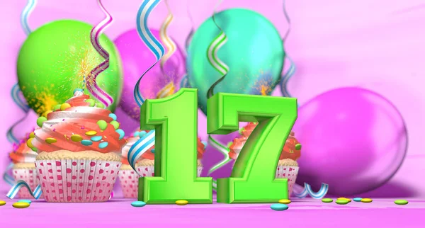 ピンクの背景にチョコレートチップと風船で飾られた赤いクリームとカップケーキと緑の大規模な数17で輝くキャンドルを持つ誕生日カップケーキ 3Dイラスト — ストック写真
