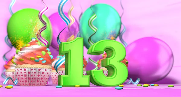 生日纸杯蛋糕 烛光闪耀 数字13号绿色 纸杯蛋糕 红色奶油装饰巧克力片和气球背面粉红背景 3D插图 — 图库照片