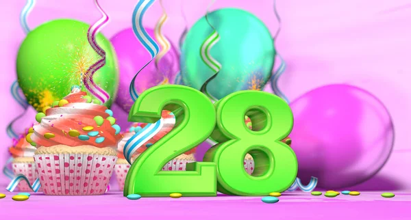 ピンクの背景にチョコレートチップと風船で飾られた赤いクリームとカップケーキと緑の28大の数で輝くキャンドルを持つ誕生日カップケーキ 3Dイラスト — ストック写真