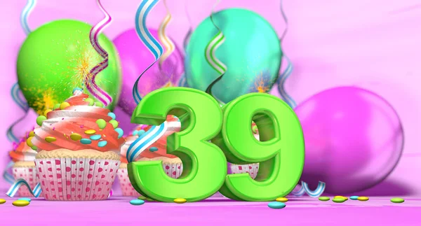 ピンクの背景にチョコレートチップと風船で飾られた赤いクリームとカップケーキと緑の大規模な番号39と輝くキャンドルと誕生日カップケーキ 3Dイラスト — ストック写真