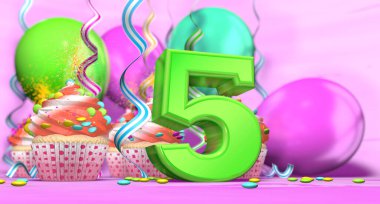 Doğumgünü keki, üzerinde yeşil renkli 5 numaralı mumla birlikte. Kırmızı kremalı kekler, çikolata parçacıkları ve arkasında pembe bir arka planda balonlarla süslenmiş. 3B illüstrasyon