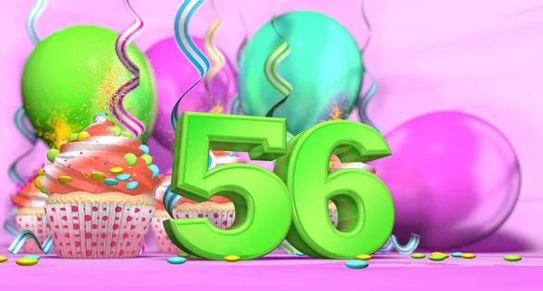 ピンクの背景にチョコレートチップと風船で飾られた赤いクリームとカップケーキと緑の大きな数56で輝くキャンドルと誕生日カップケーキ 3Dイラスト — ストック写真
