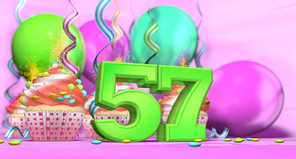 ピンクの背景にチョコレートチップと風船で飾られた赤いクリームとカップケーキと緑の大規模な番号57と輝くキャンドルと誕生日カップケーキ 3Dイラスト — ストック写真