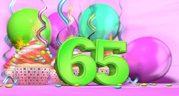 ピンクの背景にチョコレートチップと風船で飾られた赤いクリームとカップケーキと緑の大規模な番号65と輝くキャンドルと誕生日カップケーキ 3Dイラスト — ストック写真