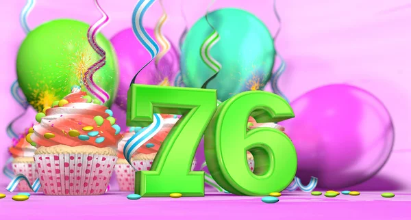 ピンクの背景にチョコレートチップと風船で飾られた赤いクリームとカップケーキと緑の大きな数76で輝くキャンドルと誕生日カップケーキ 3Dイラスト — ストック写真