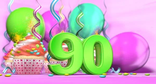 ピンクの背景にチョコレートチップと風船で飾られた赤いクリームとカップケーキと緑の大規模な番号90と輝くキャンドルと誕生日カップケーキ 3Dイラスト — ストック写真