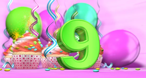 ピンクの背景にチョコレートチップと風船で飾られた赤いクリームとカップケーキと緑の数字9大で輝くキャンドルを持つ誕生日カップケーキ 3Dイラスト — ストック写真