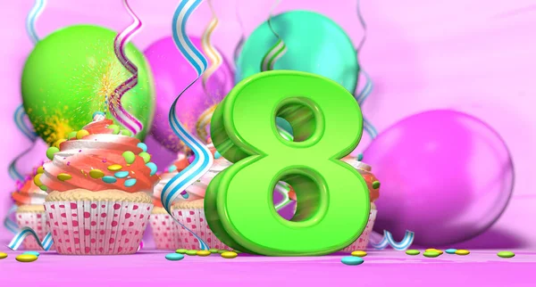 ピンクの背景にチョコレートチップと風船で飾られた赤いクリームとカップケーキと緑の数字8大と輝くキャンドルと誕生日カップケーキ 3Dイラスト — ストック写真