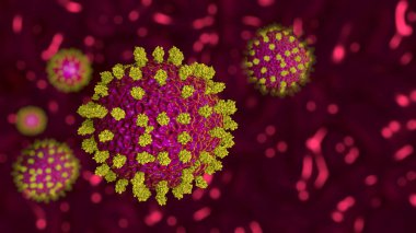 Kıllı kırmızı virüsler ve koyu kırmızı arka planda yüzen kaba dokular. 3B Görüntü