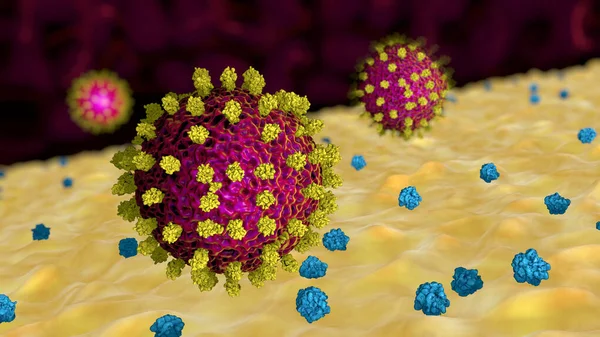 Covid Red Virus Yellow Spikes Floating Yellow Surface Blue Proteins — Stock Photo, Image