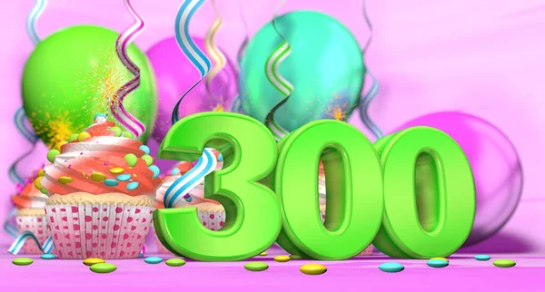 生日纸杯蛋糕 点着点燃的蜡烛 上面有300号绿色的大蛋糕 还有红色奶油蛋糕 背面装饰有巧克力片和粉色背景的气球 3D插图 — 图库照片