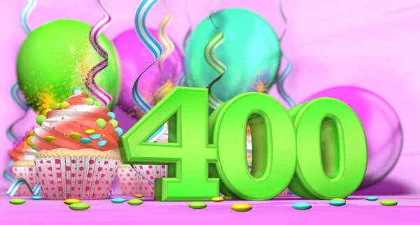 生日纸杯蛋糕 点着点燃的蜡烛 有400号绿色的大蛋糕 还有红色奶油蛋糕 背面装饰着巧克力片和粉色背景的气球 3D插图 — 图库照片