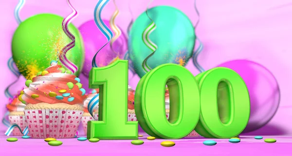 ピンクの背景にチョコレートチップと風船で飾られた赤いクリームとカップケーキと緑の中に大きな数100と輝くキャンドルを持つ誕生日カップケーキ 3Dイラスト — ストック写真