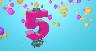 Havada yüzen kırmızı 5 numara cam borulardan geçen bir kompresöre bağlı. Sarı, kırmızı ve mor balonlardan oluşan mavi arka plandaki cam tüplerden balonları fırlatıyor. 3B Görüntü