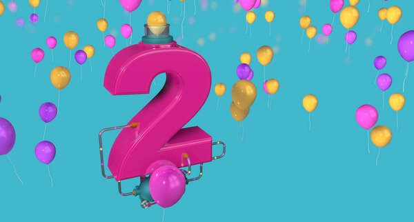 Красный номер 2, плавающий в воздухе, соединенный с компрессором через стеклянные трубы, выбрасывающий воздушные шары через стеклянные трубки на голубом фоне с жёлтыми, красными и фиолетовыми шариками. 3D-моделирование